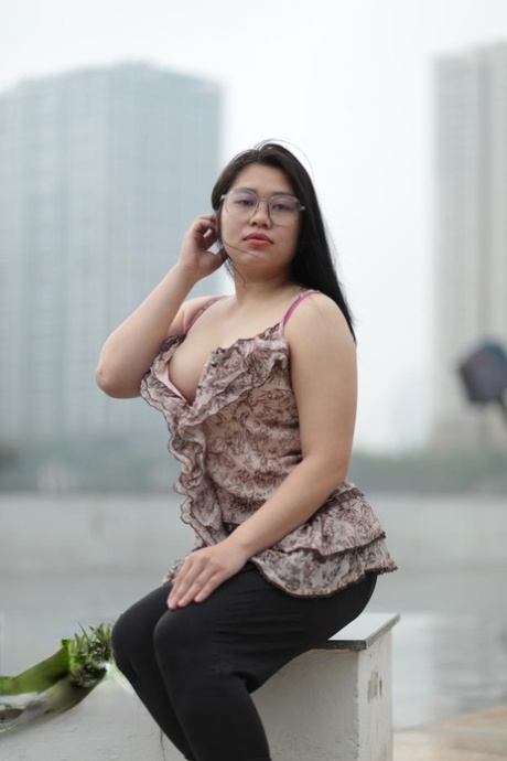 Beautiful Chubby Babe In Glasses Teases With Her Big Boobs Outdoors