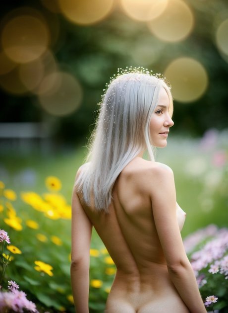 Lisa Faina, a blonde woman created with artificial intelligence, exhibits her tiny tits outdoors.