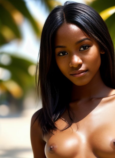 On the beach, Milana Gamma, a stunning ebony female born from artificial intelligence, displays her radiant physique.