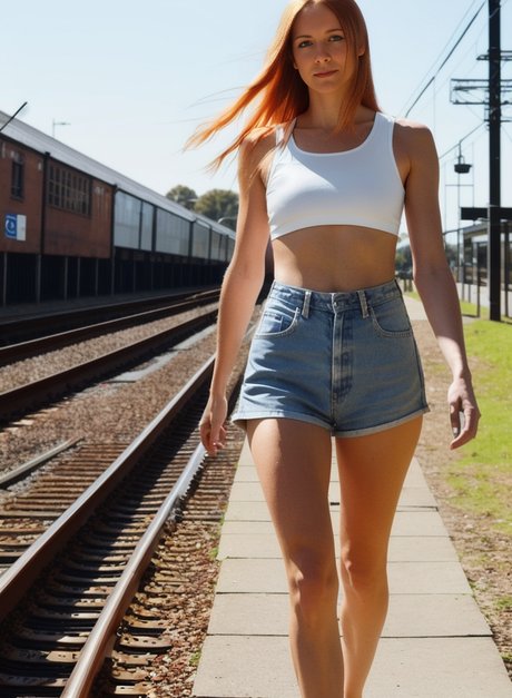 Train train: The beautiful AI-generated hottie Liza Hunswot poses on the railroad tracks in a train and is seen naked.