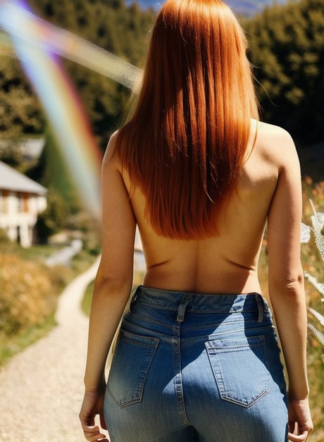 AI-generated redhead Liza Hunswot walks in nature without clothes and removes her jeans.