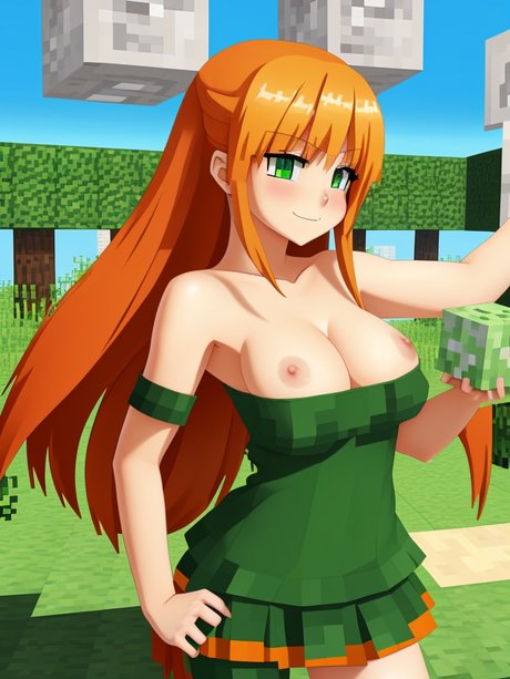 Gloss, a Redheaded Hentai babe, displays her large breasts in a minecraft scene.
