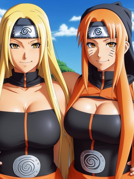 The attractive AI-generated Hentai models exhibit their sizable breasts in an outdoor setting.