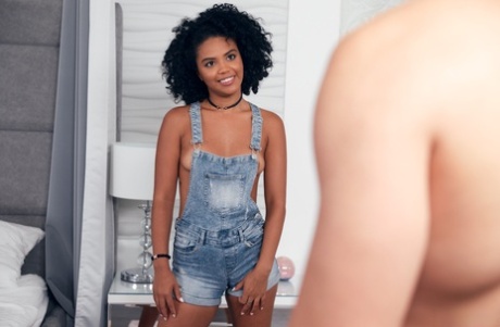 Curly-haired ebony Selva Lapiedra pulls down her overalls and gets banged