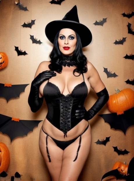 In an artificial intelligence (AI) prototype, Sasha Lansday displays her fetish Halloween costume featuring big fat tits.