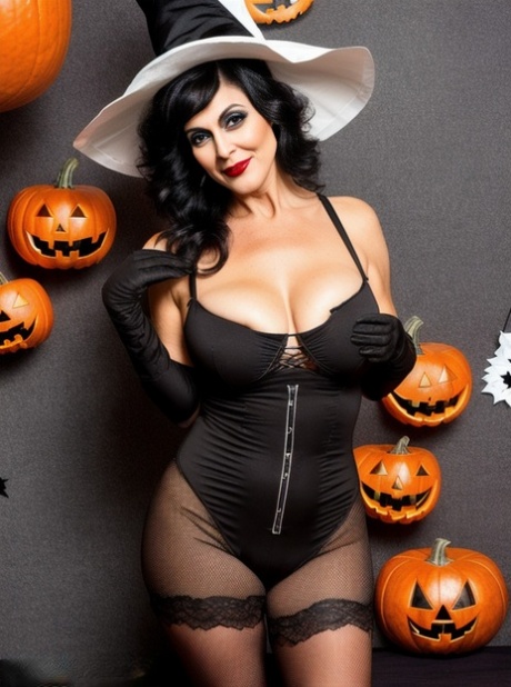 Sasha Lansday, who was made by AI, wears her Halloween costume with big tits as part of her fetish.