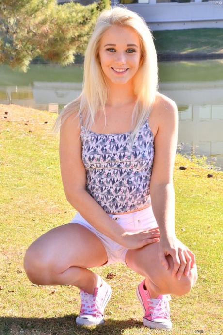 A solo action ensues as Lexi, a blonde brunette with horny legs, picks up her pen and toys with tight heels.