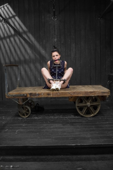 American babe Juliette March gets bound and fisted on a wooden wagon