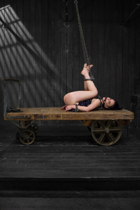 American babe Juliette March gets bound and fisted on a wooden wagon