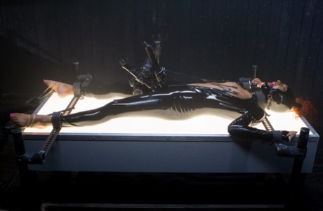 An adult ebony sexy lady with red hair, known as Daisy Ducati, is tied up and toyed.
