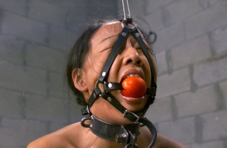 As she is held in a ball and chain, Asian Kelana's taut but gagged legs are subjected to whipping by her.