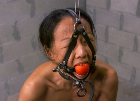 Chinese female with a gagged body is held in a ball and chain while Asian Kelana's legs are covered with whipping motion.