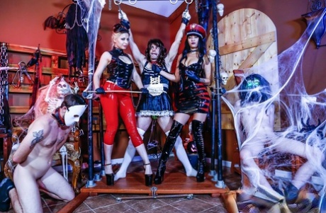 Men's BDSM slaves are anally stimulated by Esmi Lee and Isobel, who pull off the sexual act with big strap-on cocks.