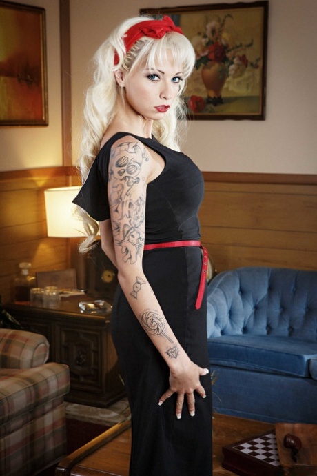 Skinny Tattooed Blonde Rikki Six Takes Off Her Dress And Exotic Lingerie