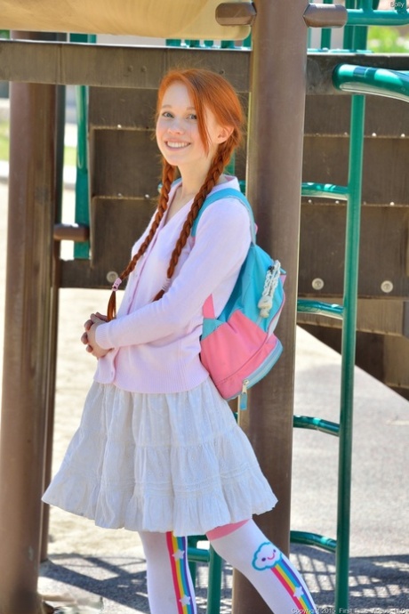 Short Redheaded Schoolgirl Dolly Giving A Pantyless Upskirt In Public